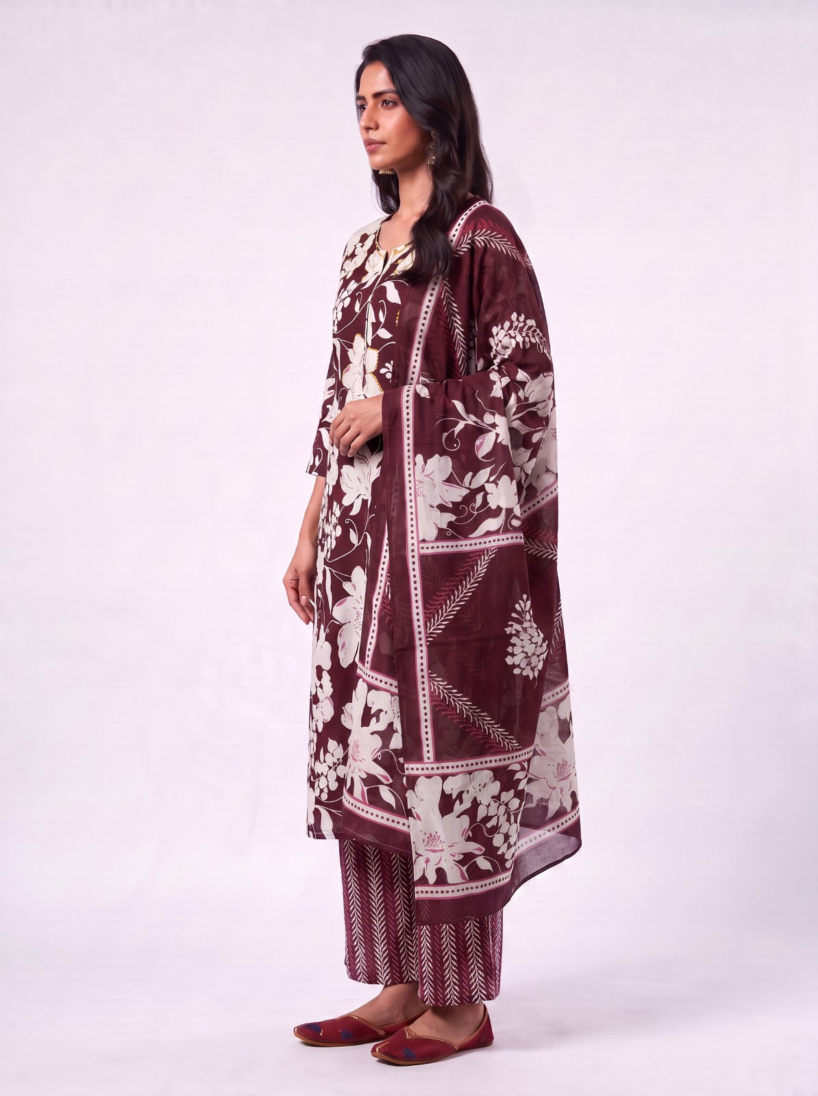 Burgundy Blossom Cotton Kurta Set