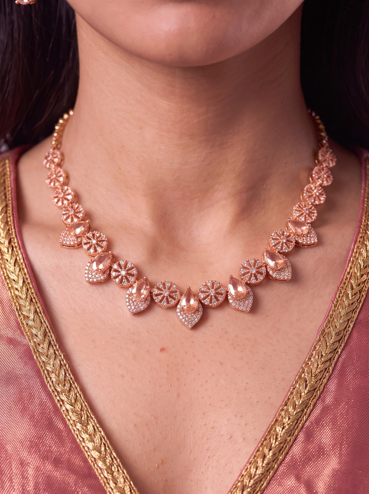 Rose Gold Fire Opal AD Choker With Earrings
