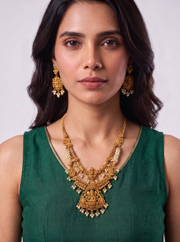 Two Layer Ganapathy Haram With Pearl Beads And Earrings