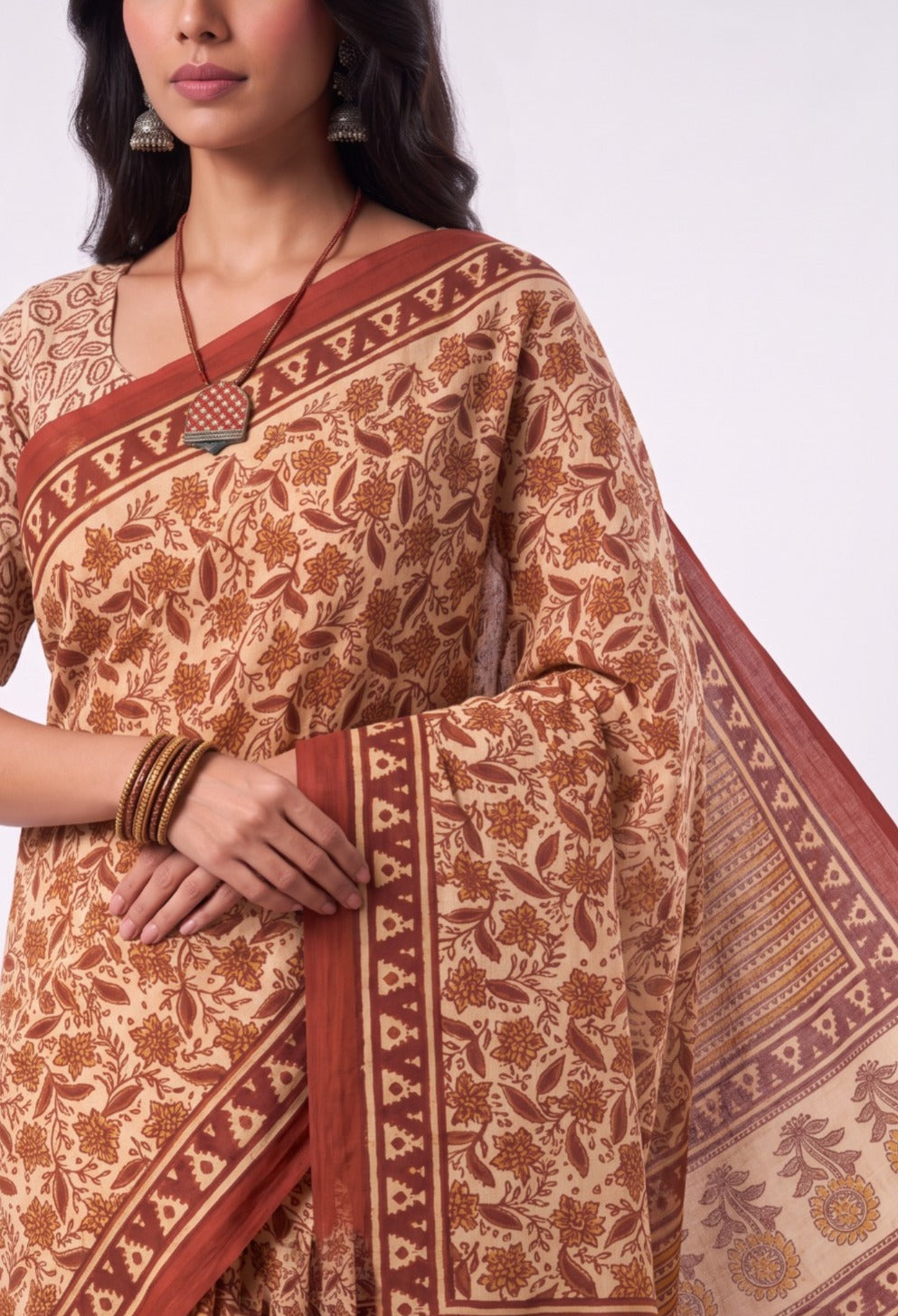 Beige Sanganeri Print Cotton Saree