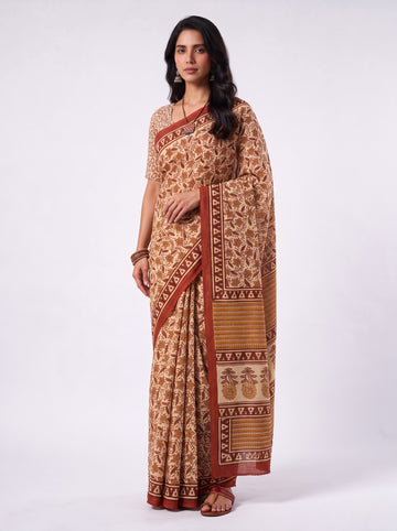 Beige Sanganeri Print Cotton Saree