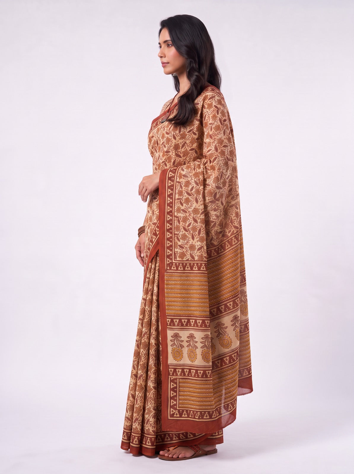 Beige Sanganeri Print Cotton Saree