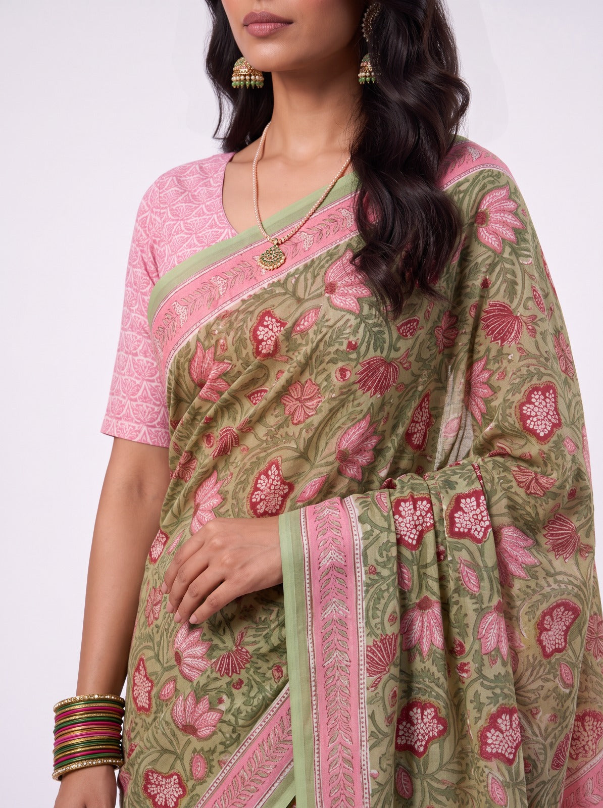 Olive Sanganeri Print Mul Cotton Saree