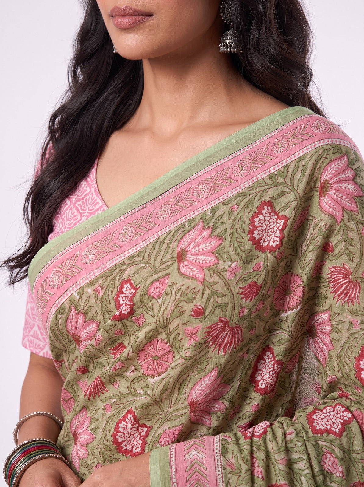 Olive Sanganeri Print Mul Cotton Saree