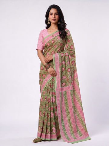 Olive Sanganeri Print Mul Cotton Saree