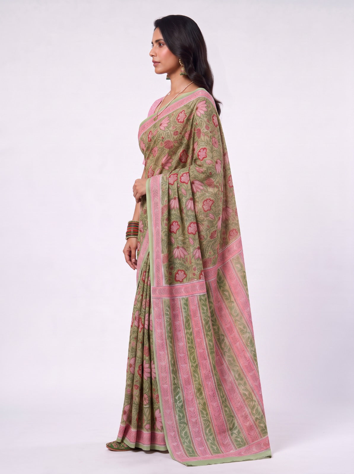 Olive Sanganeri Print Mul Cotton Saree