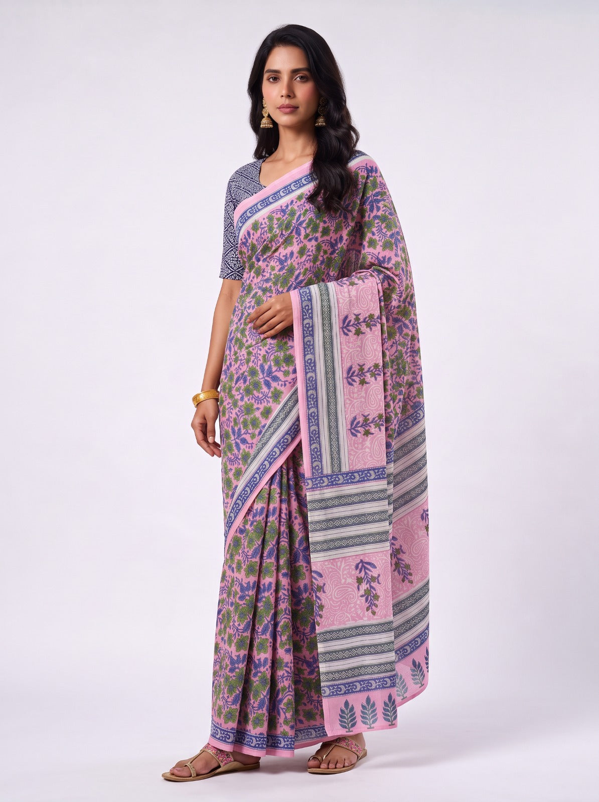 PINK SANGANERI PRINT MUL COTTON SAREE