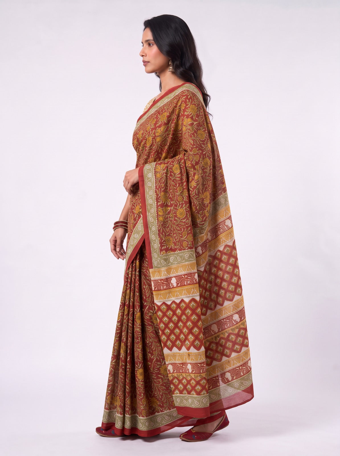 Red Floral Sanganeri Print Mul Cotton Saree