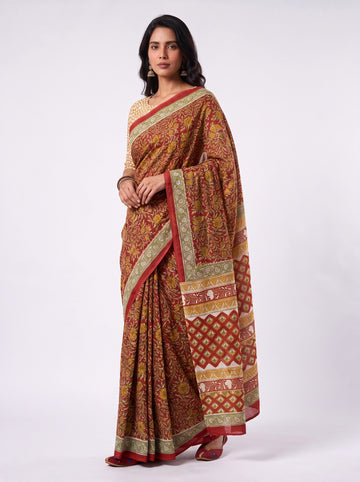 Red Floral Sanganeri Print Mul Cotton Saree