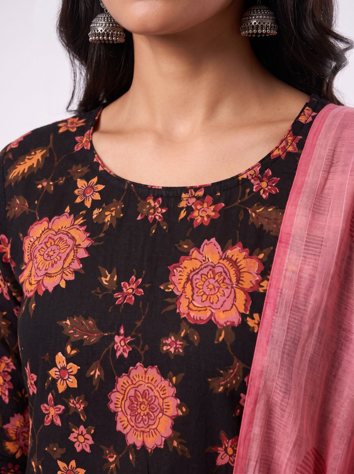 Twilight Rose Unstitched Cotton Dress Material With Kota Doriya Shawl