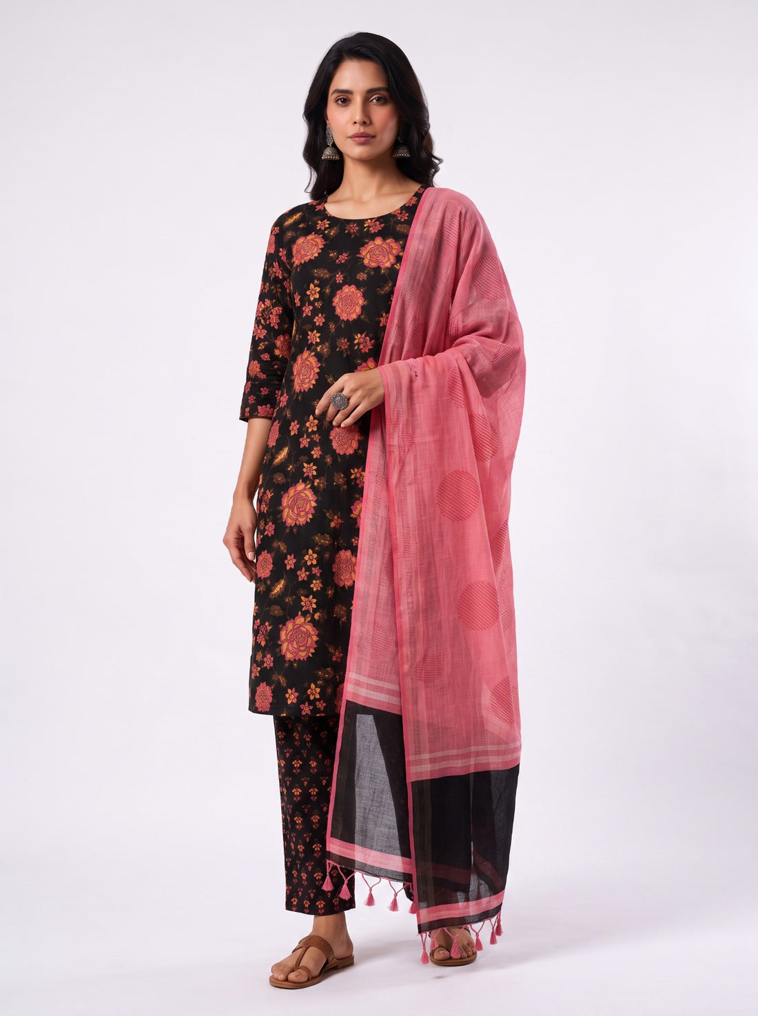 Twilight Rose Unstitched Cotton Dress Material With Kota Doriya Shawl