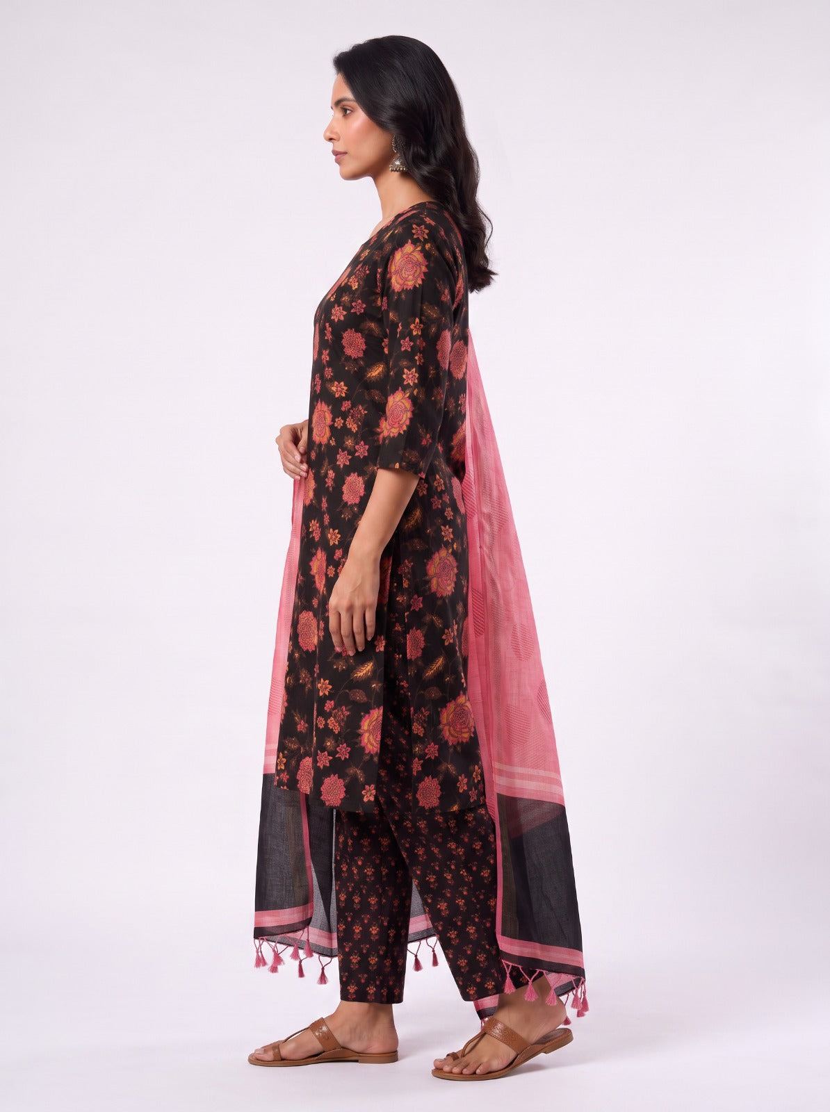 Twilight Rose Unstitched Cotton Dress Material With Kota Doriya Shawl