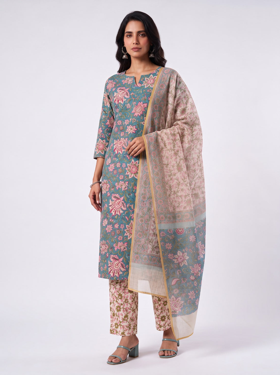 KOTA BLOSSOM  COTTON UNSTITCHED SUIT WITH KOTA DORIYA SHAWL