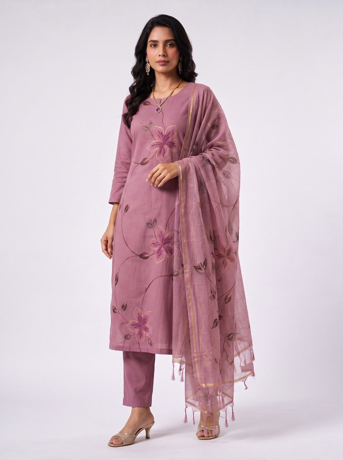 MAUVE MELODY COTTON UNSTITCHED SUIT WITH KOTA DORIYA SHAWL