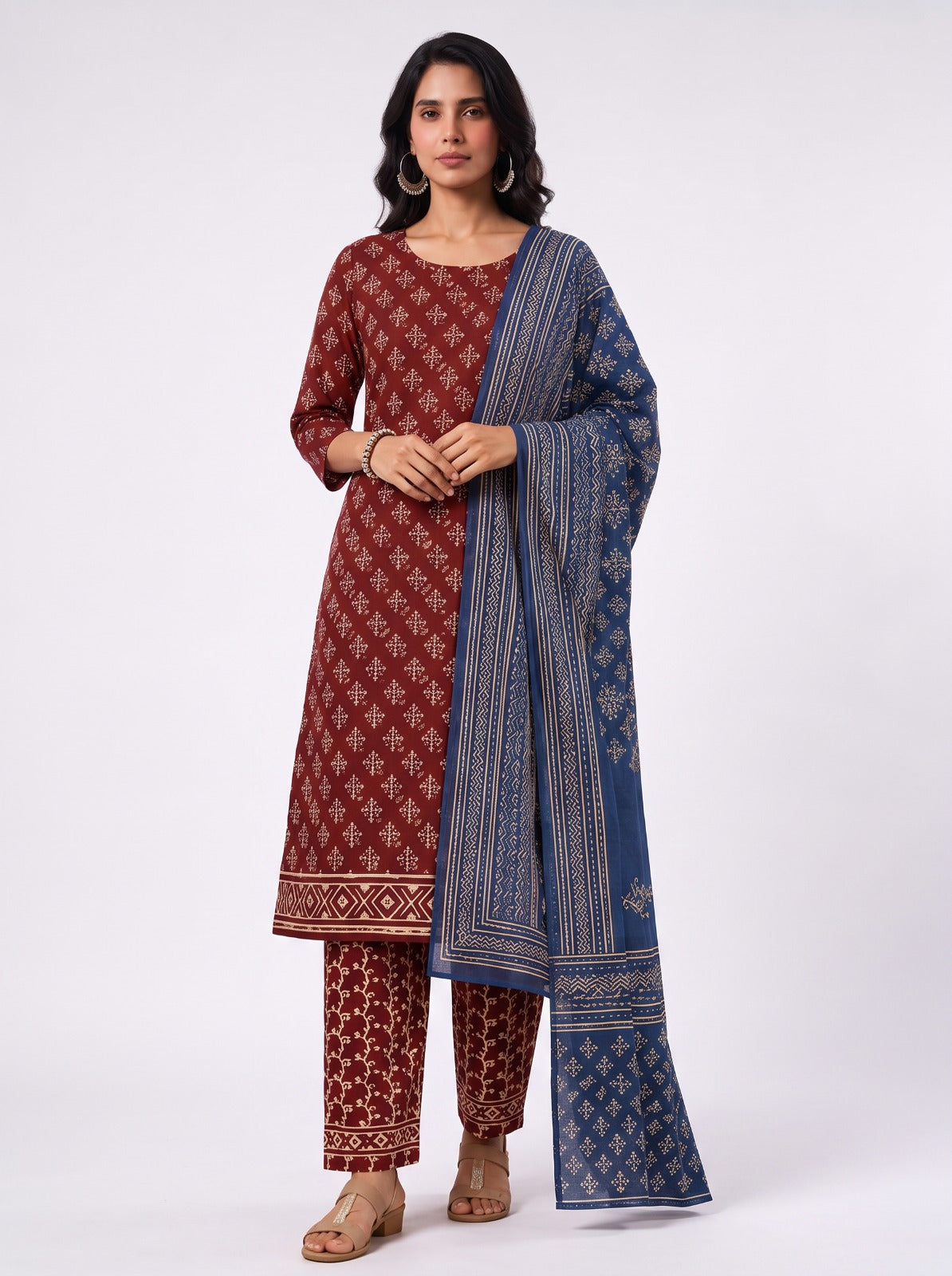 Mix N Match Maroon Unstitched Dress Material With Cotton Shawl