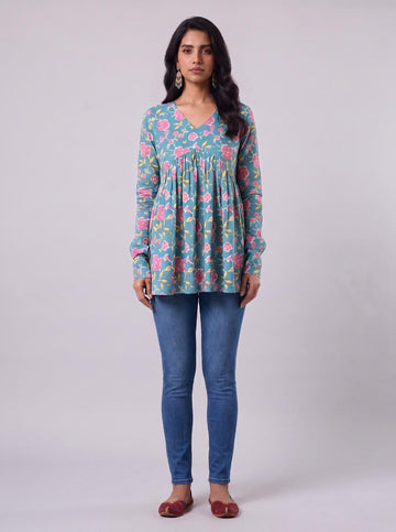 Gulabi Teal Tunic Top