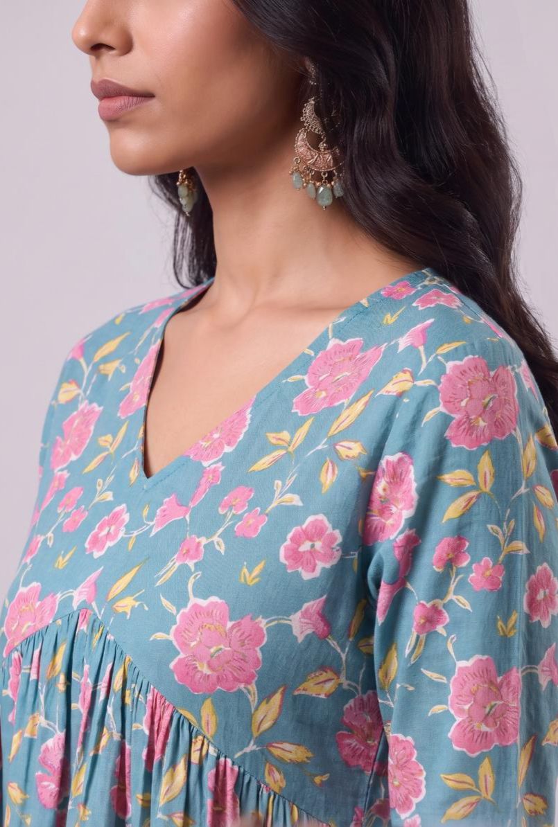 Gulabi Teal Tunic Top