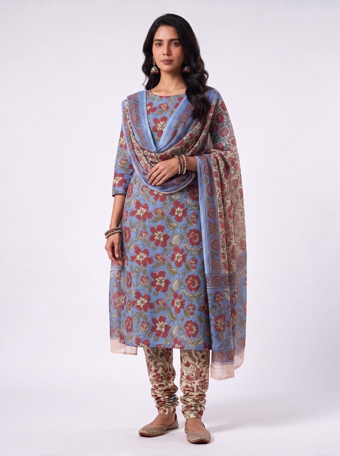 SKY GARDEN COTTON UNSTITCHED SUIT WITH KOTA DORIYA SHAWL