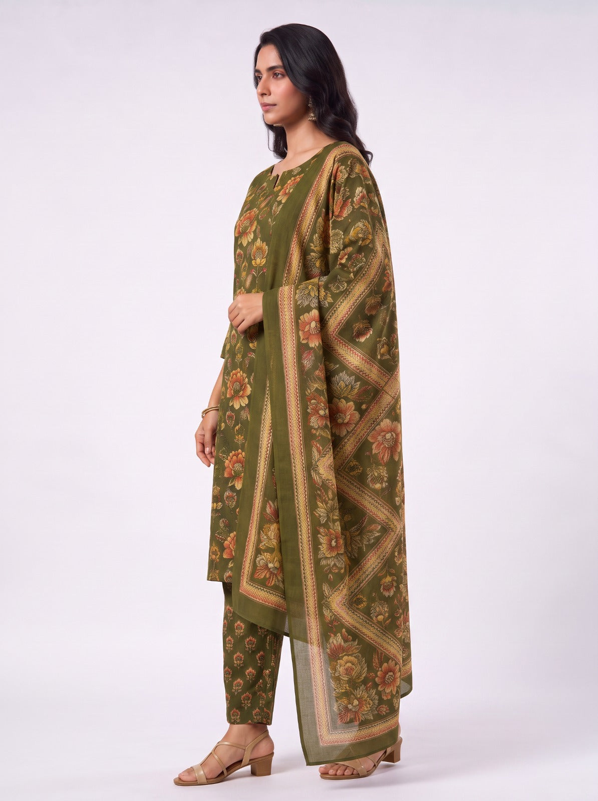 Olive Blossom Cotton Unstitched Dress Material With Cotton Shawl