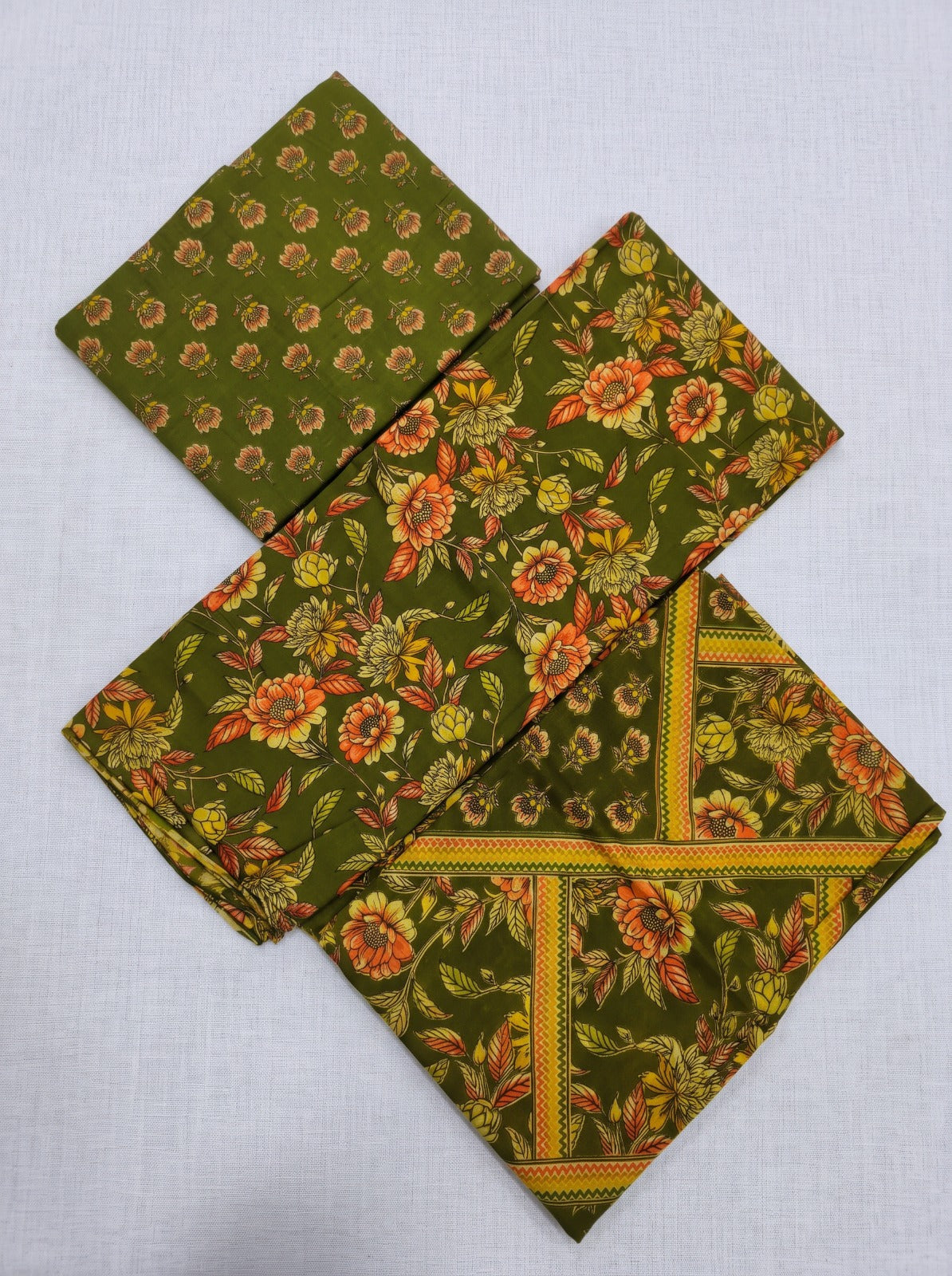Olive Blossom Cotton Unstitched Dress Material With Cotton Shawl