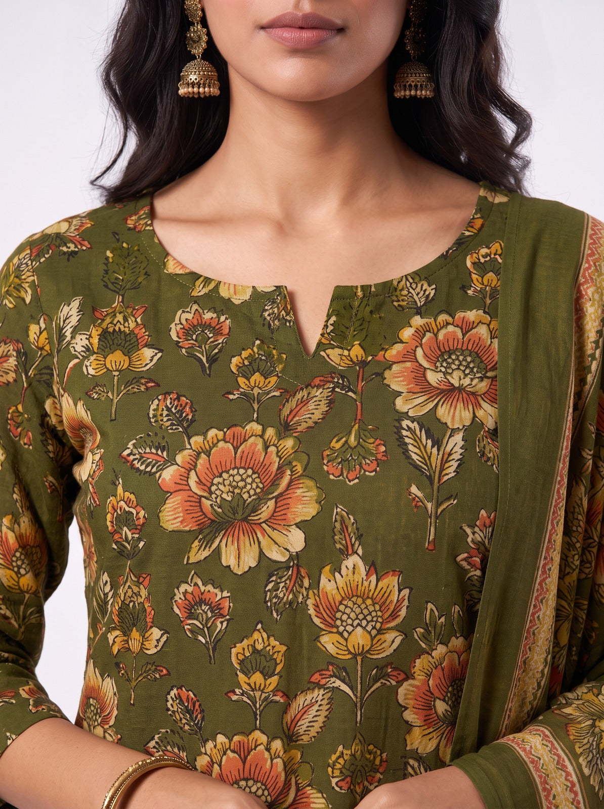 Olive Blossom Cotton Unstitched Dress Material With Cotton Shawl