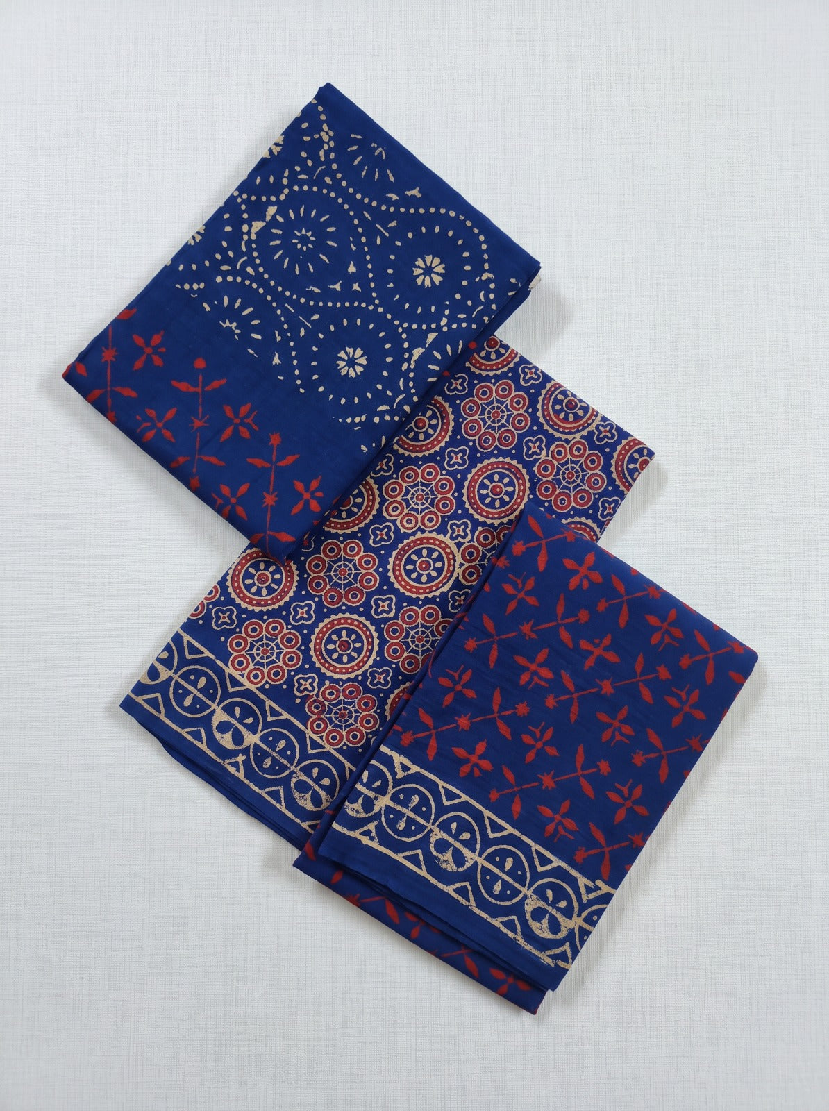 Vibrant Ajrakh Print Cotton Unstitched Dress Material With Cotton Shawl