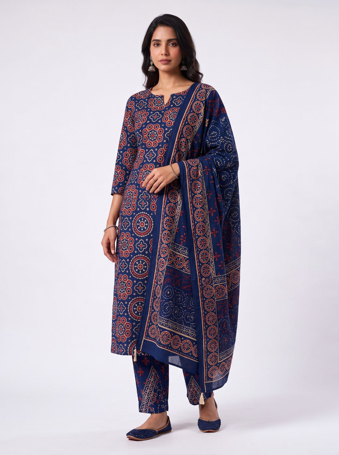 Vibrant Ajrakh Print Cotton Unstitched Dress Material With Cotton Shawl