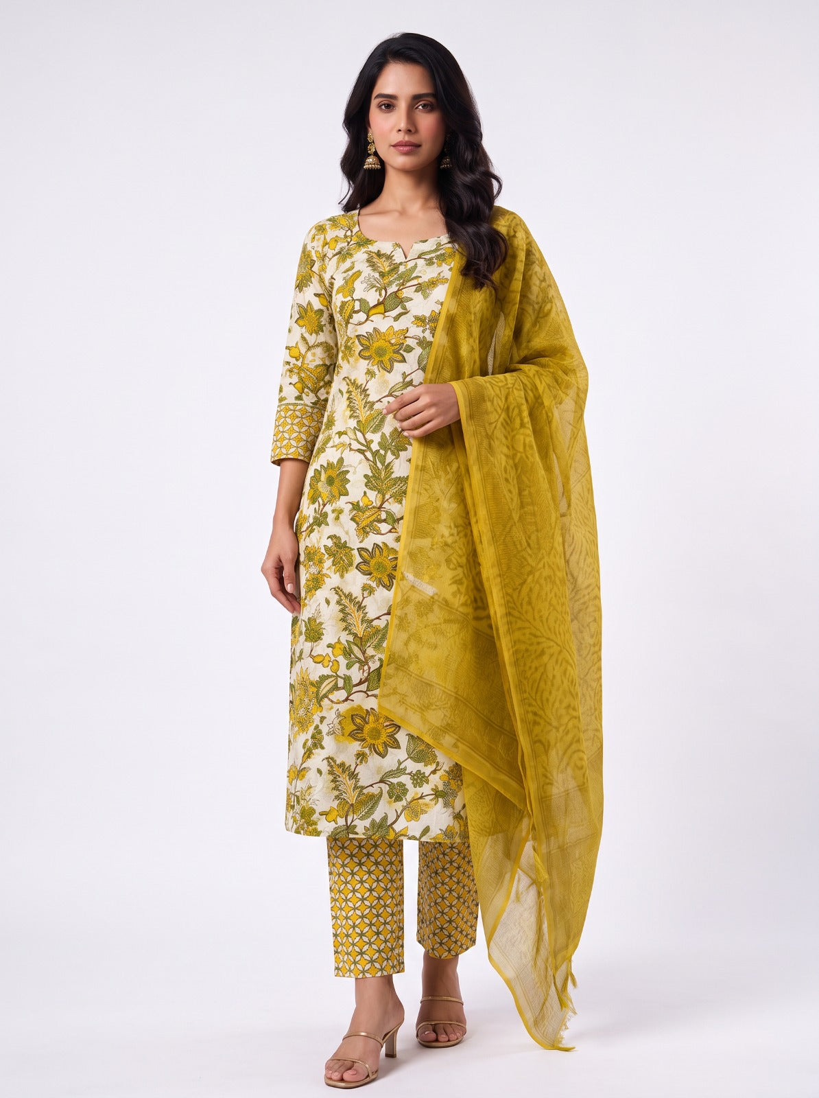 Floral Vibe Cotton Unstitched Dress Material With Kota Doriya Shawl