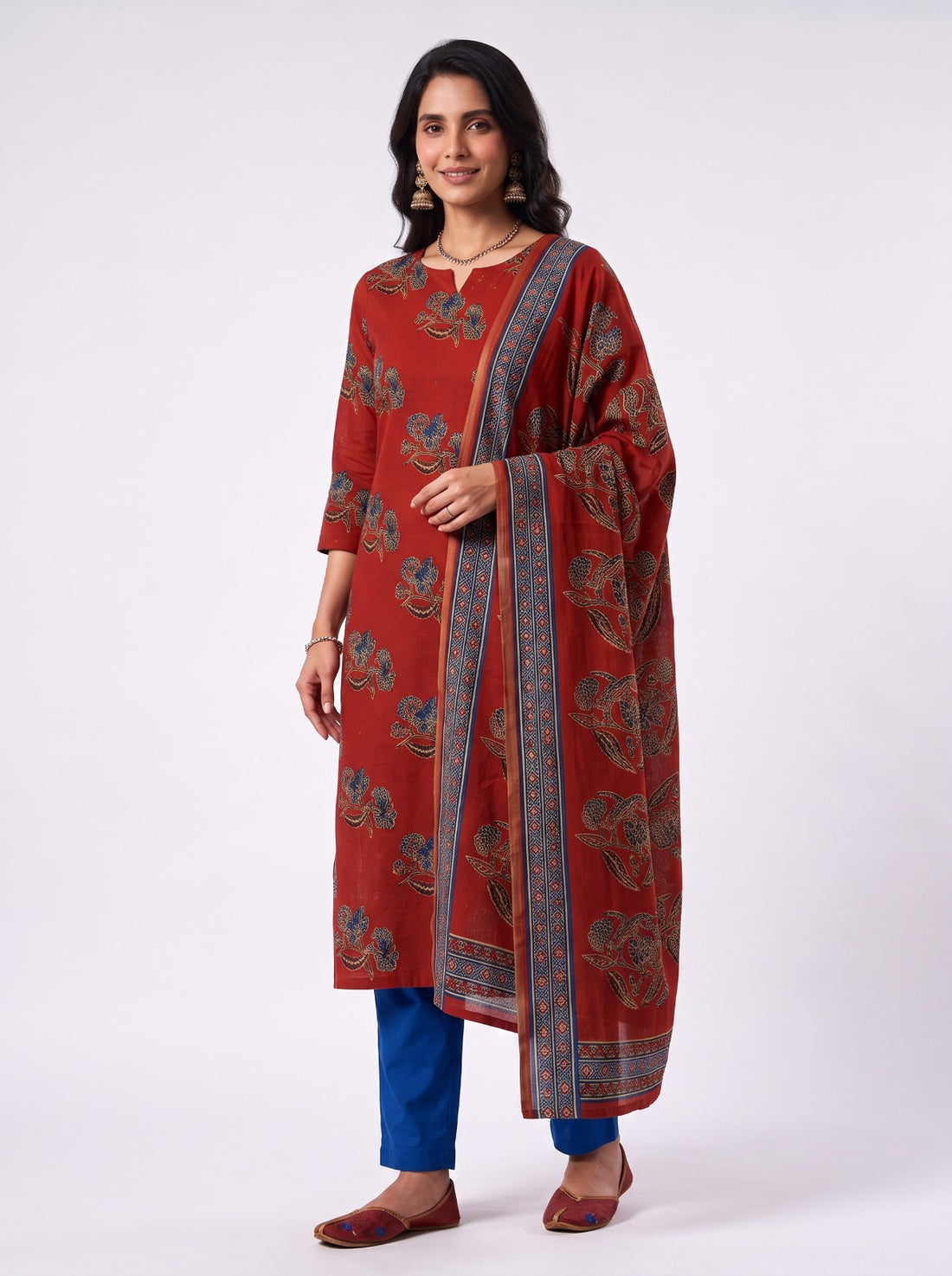 Rust And Royal Unstitched Dress Material With Cotton Shawl
