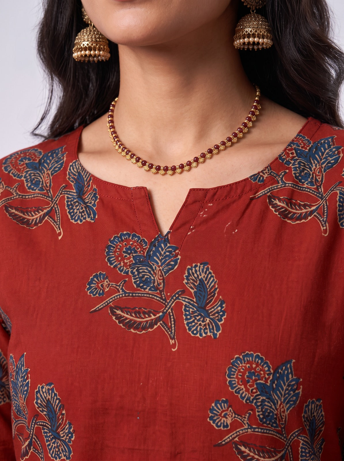 Rust And Royal Unstitched Dress Material With Cotton Shawl