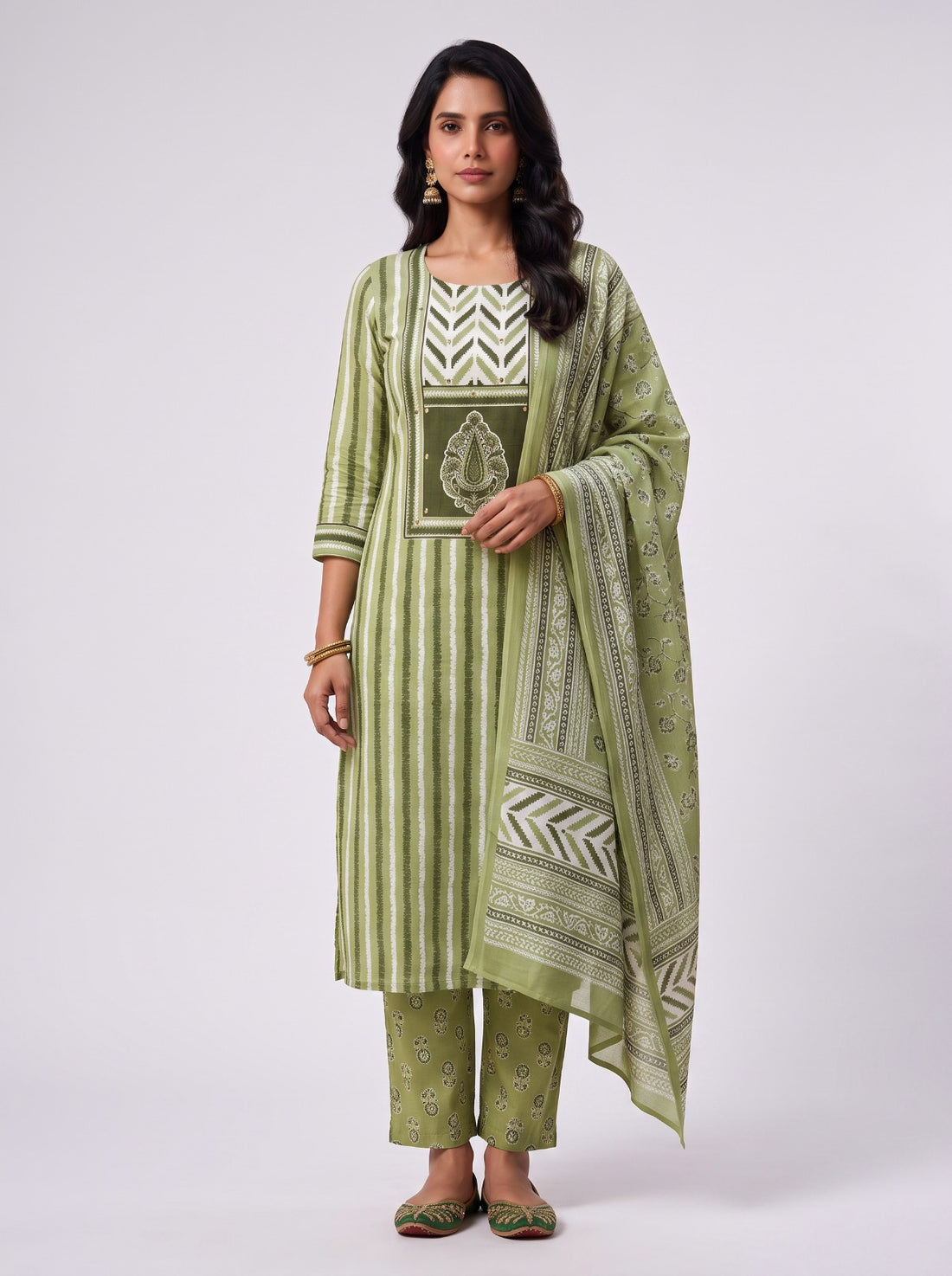Green Malhar Cotton Unstitched Suit