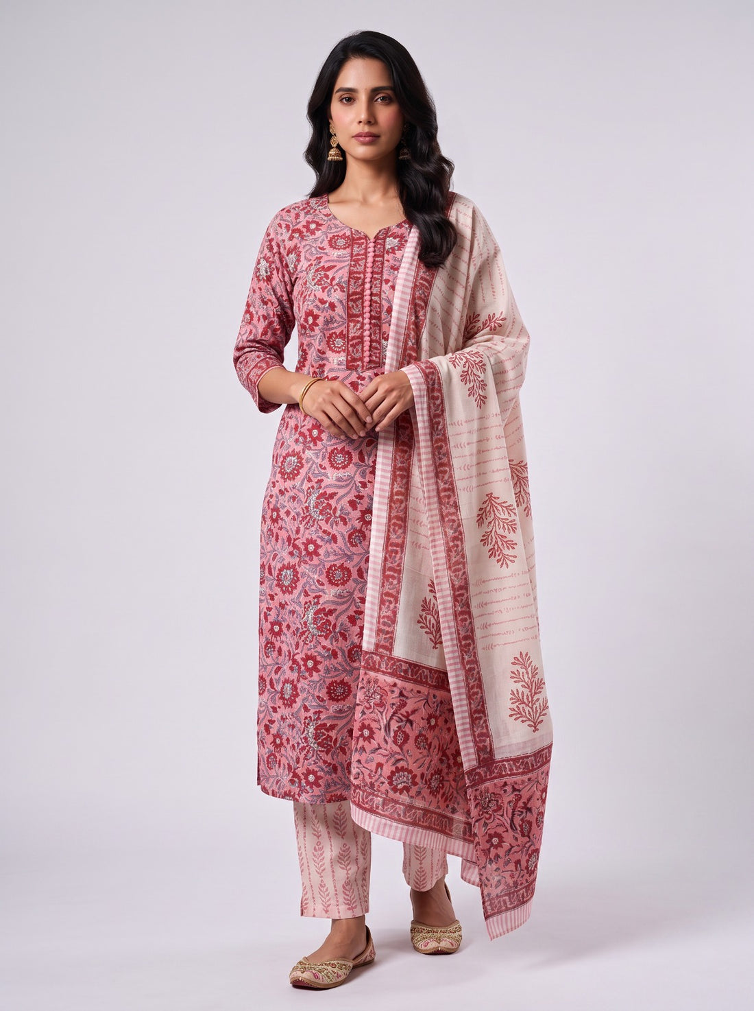 Pink Jasmine Sanganeri Print Cotton Unstitched Suit