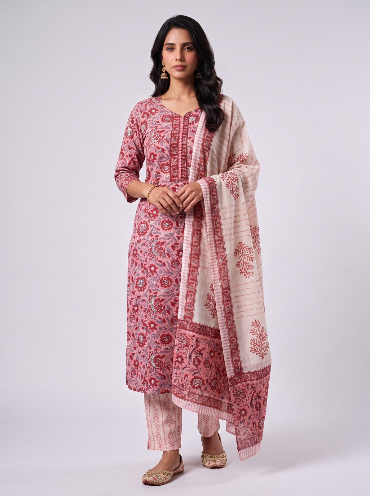 Pink Jasmine Sanganeri Print Cotton Unstitched Suit