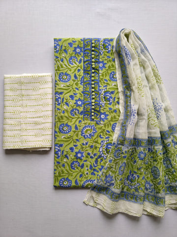 Karishma Green Sanganeri Print Cotton Unstitched Suit