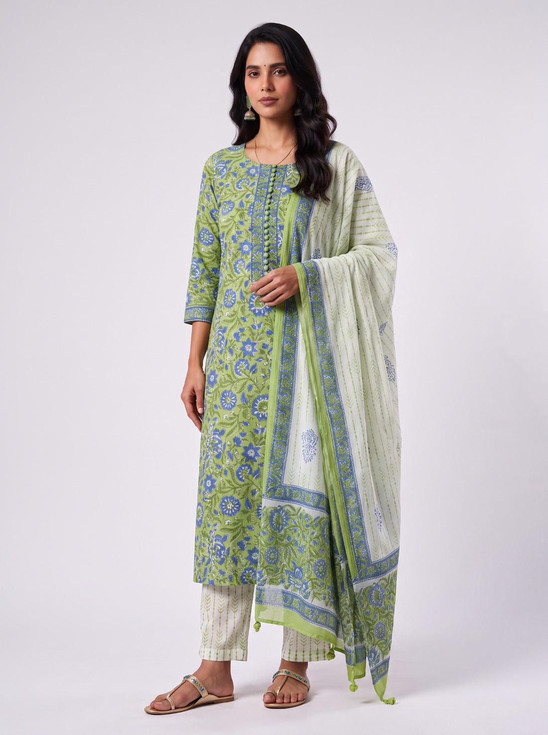 Karishma Green Sanganeri Print Cotton Unstitched Suit
