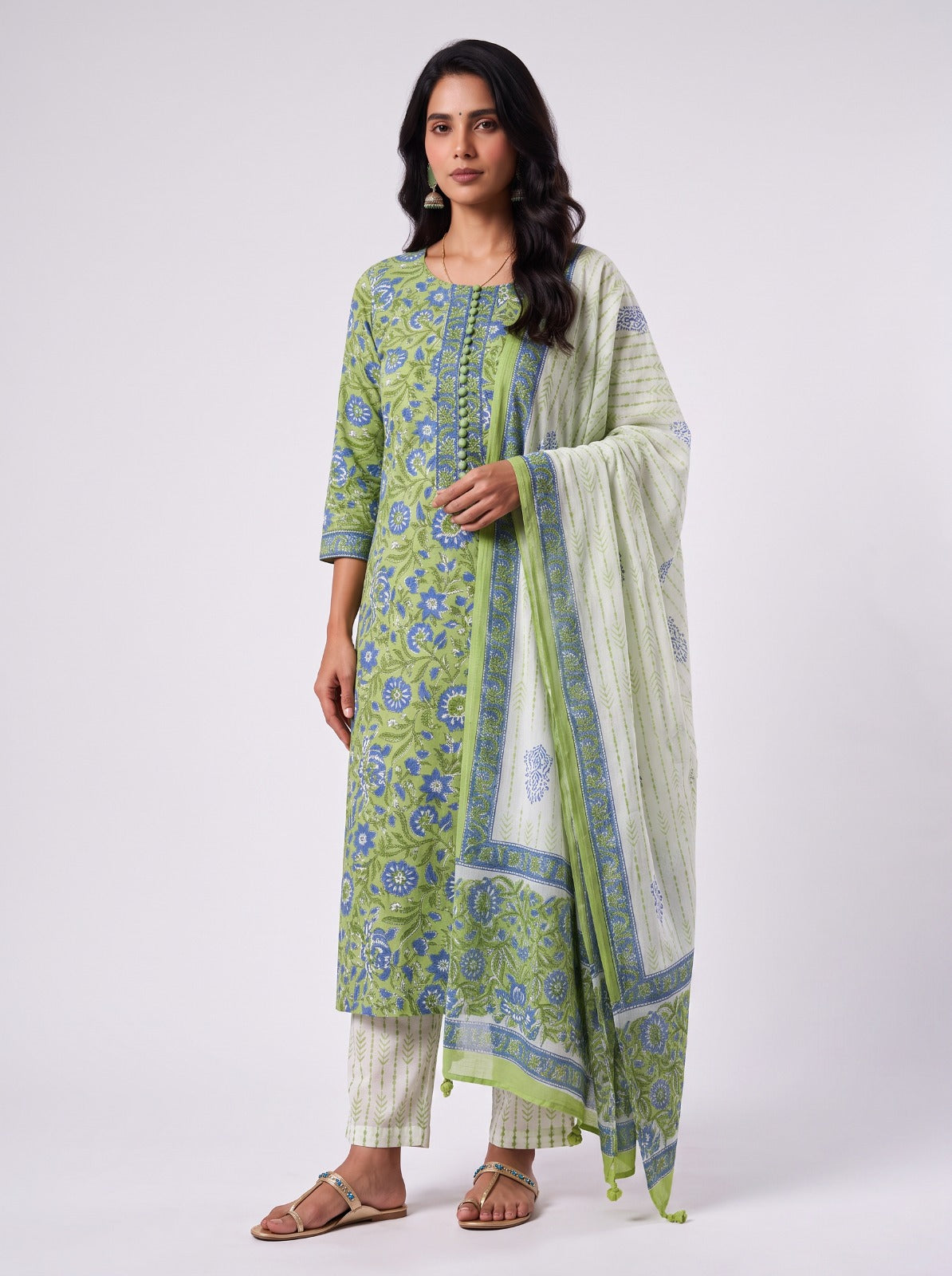 Karishma Green Sanganeri Print Cotton Unstitched Suit