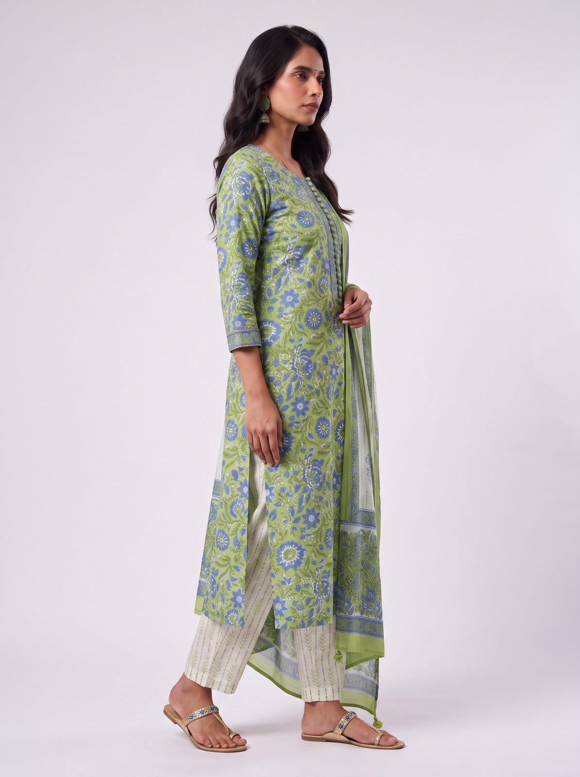 Karishma Green Sanganeri Print Cotton Unstitched Suit