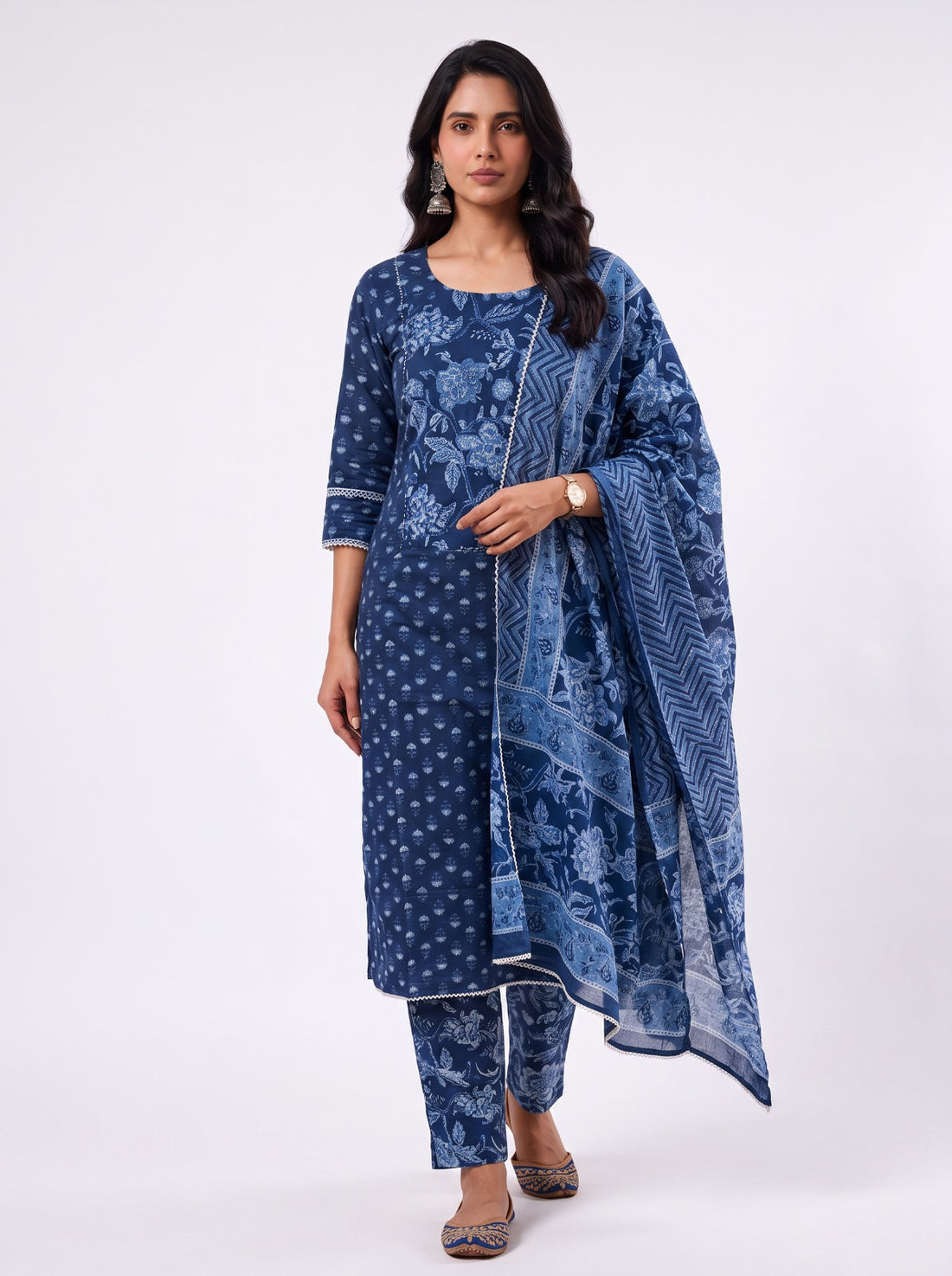 Indigo Floral Jaipur Cotton Unstitched Salwar Cotton Suits