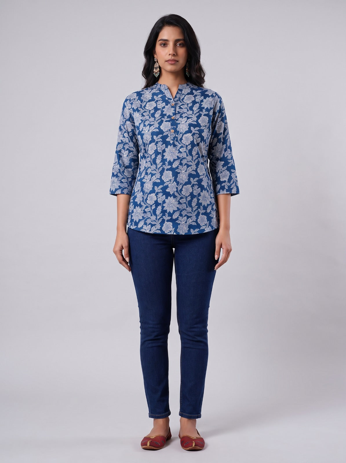 Floral Indigo Tunic Top