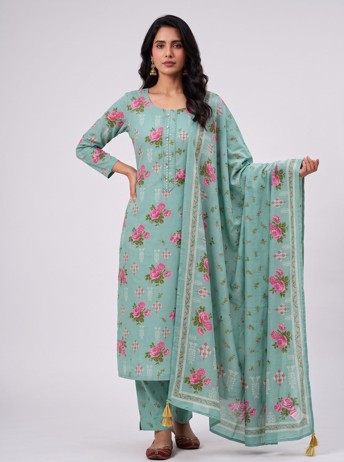 SAGE TEAL JAIPUR COTTON UNSTITCHED MATERIAL