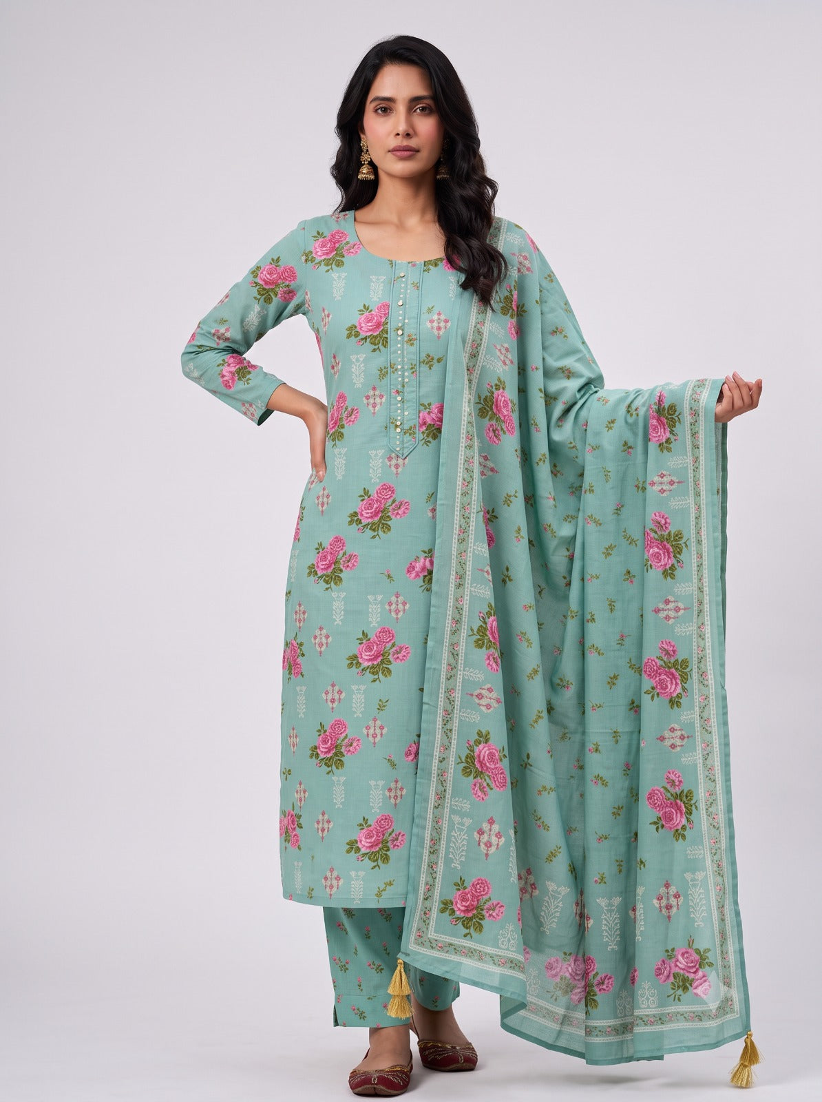 SAGE TEAL JAIPUR COTTON UNSTITCHED MATERIAL