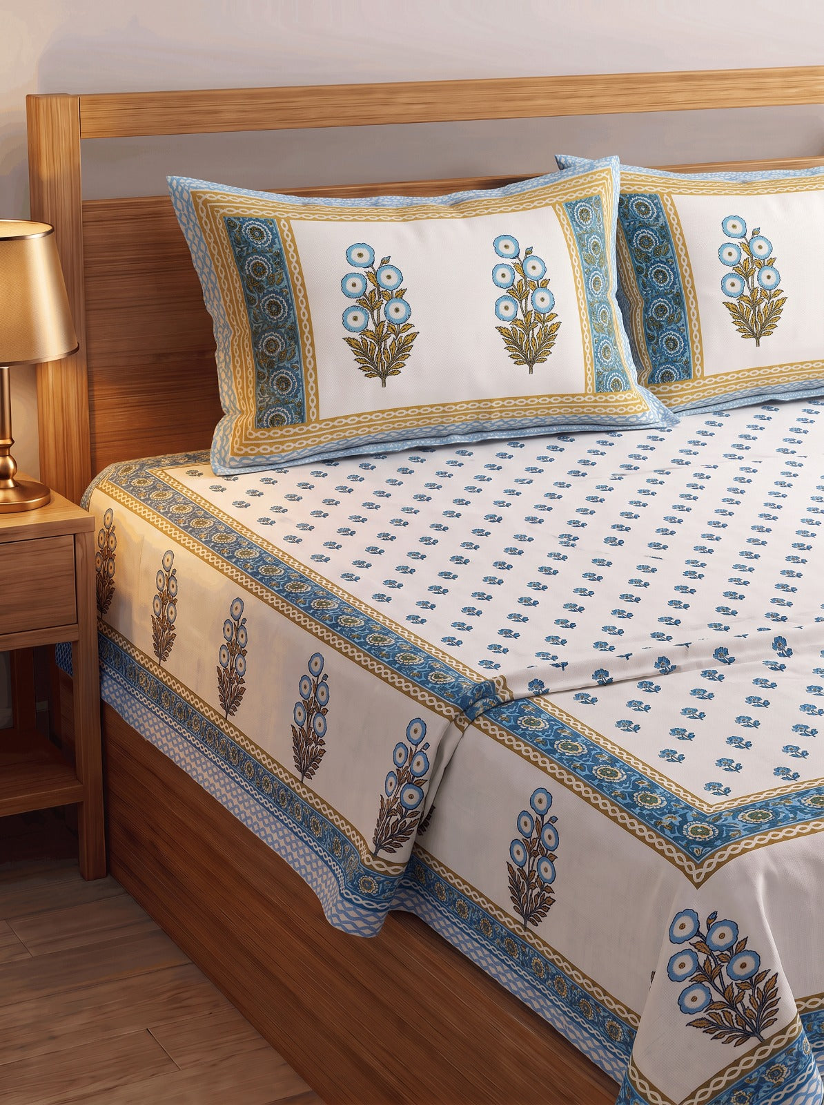 Copper Blue Floral Jaipur Cotton Bedsheet With 2 Pillow Covers