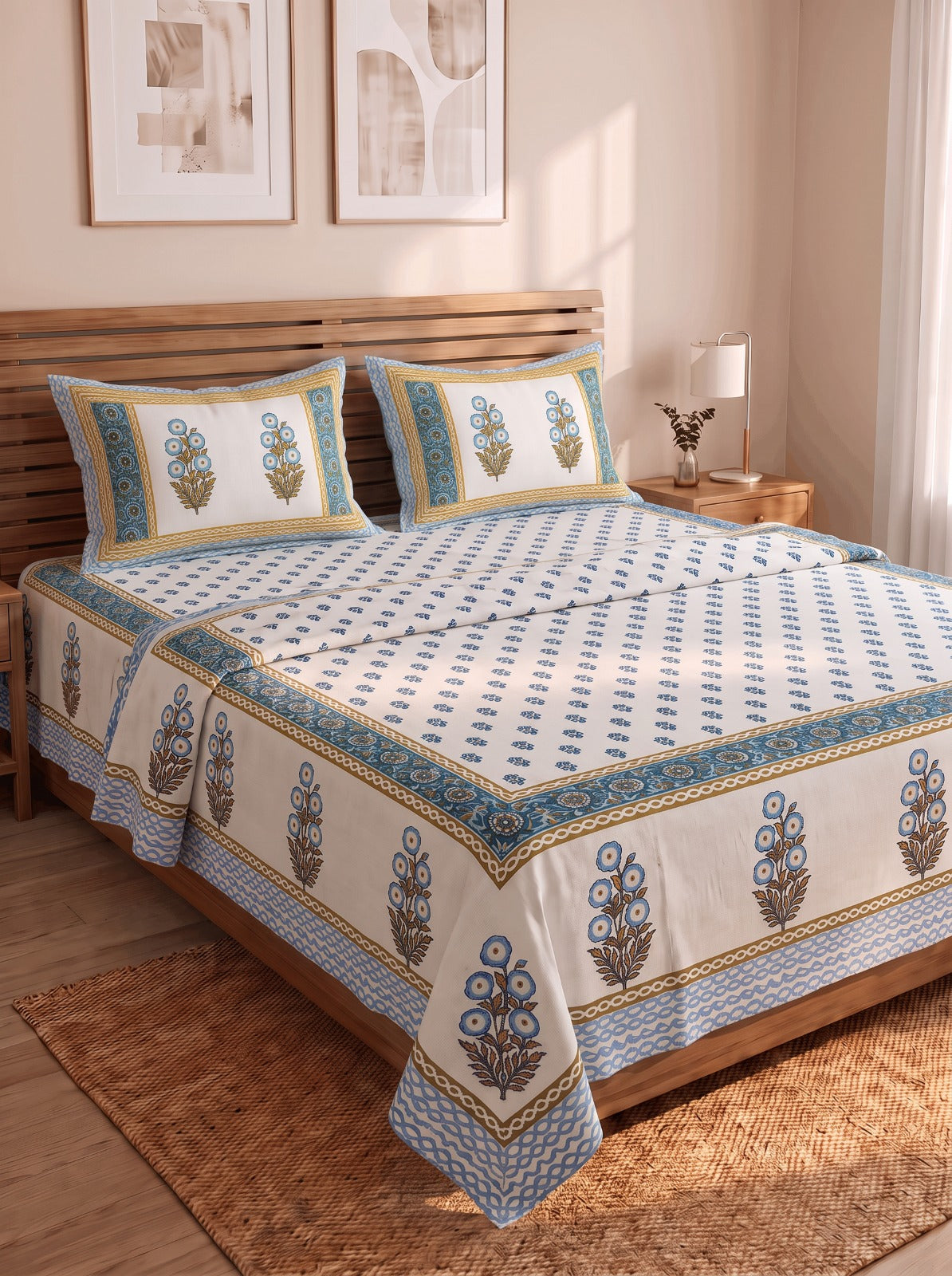 Copper Blue Floral Jaipur Cotton Bedsheet With 2 Pillow Covers