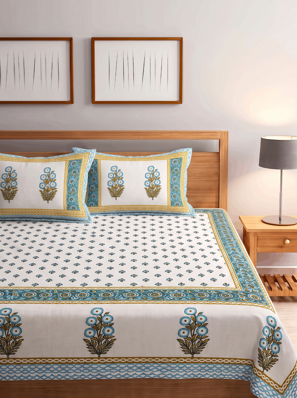 Copper Blue Floral Jaipur Cotton Bedsheet With 2 Pillow Covers