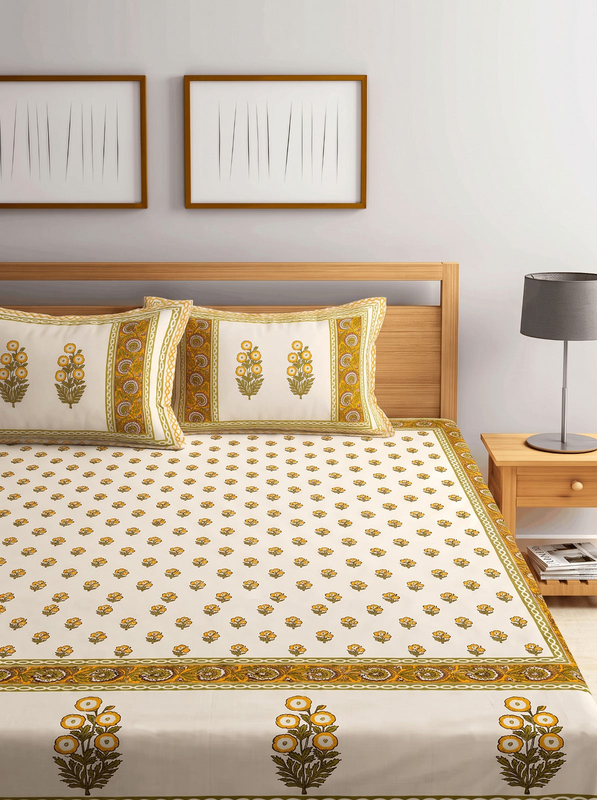 Yellow Floral Jaipur Cotton Bedsheet With 2 Pillow Covers Size-93x108 Inch