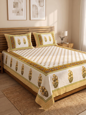 Yellow Floral Jaipur Cotton Bedsheet With 2 Pillow Covers Size-93x108 Inch