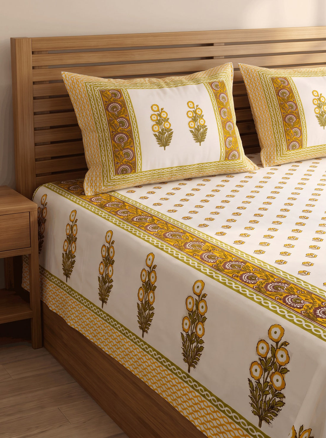Yellow Floral Jaipur Cotton Bedsheet With 2 Pillow Covers Size-93x108 Inch