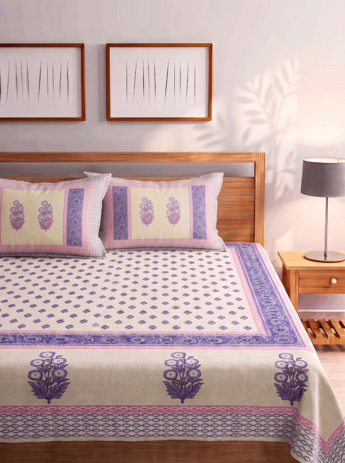 Blue Floral Jaipur Cotton Bedsheet With 2 Pillow Covers  Size-93x108 Inch
