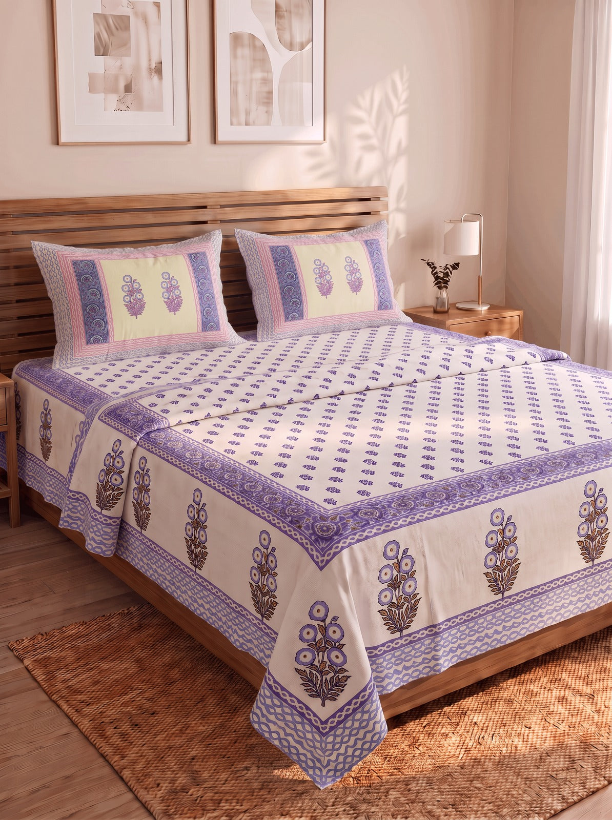 Blue Floral Jaipur Cotton Bedsheet With 2 Pillow Covers  Size-93x108 Inch