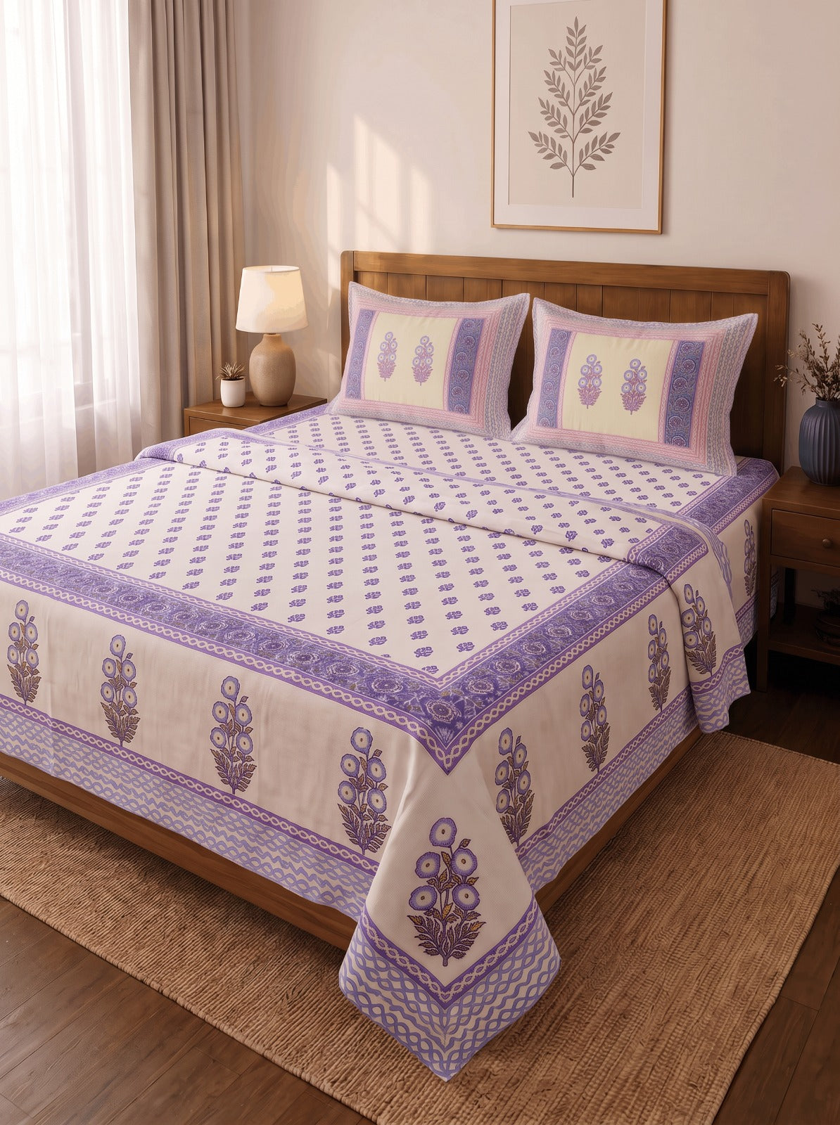 Blue Floral Jaipur Cotton Bedsheet With 2 Pillow Covers  Size-93x108 Inch